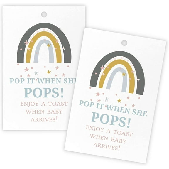 Pop It When She Pops Champagne Tag 30 Pack 2 x 3" inch Card Size Baby Shower Party Favor Tag Stars and Rainbow Design