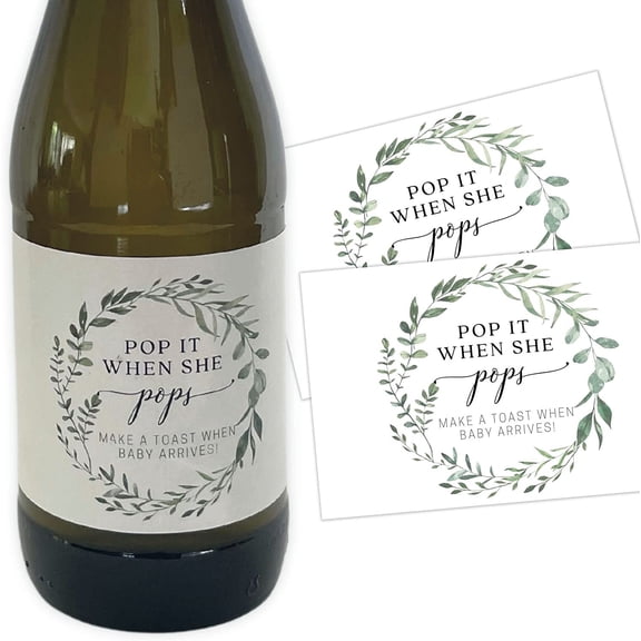 Pop It When She Pops Mini Bottle Stickers  12 Count  2x 3 Size  Mini Bottle Labels  Baby Shower Party Favors  White with Greenery Wreath Design
