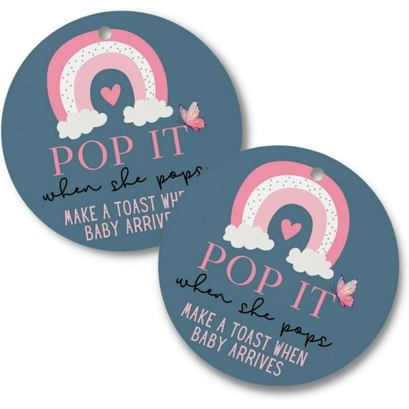 Pop It When She Pops Pink Rainbow Butterfly Boho Circle Hang Tags 30 pk 2.5 for Baby Shower Gender Reveal Party Favor Champagne Mini Bottle Labels