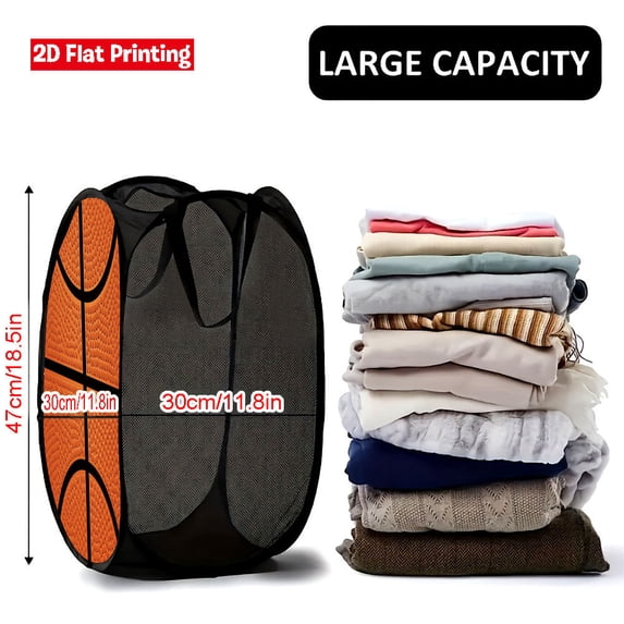 Pop Up Laundry Hamper Mesh Basket with Handles 47x30x30cm, Foldable Dirty Clothes Storage Bag for Bathroom Bedroom, Basketball Print Laundry Basket for Dorm and Home