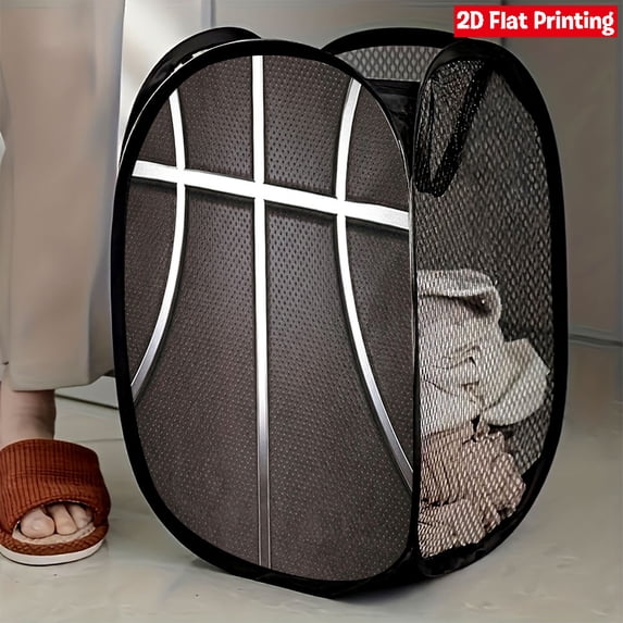 Pop Up Laundry Hamper Mesh Basket with Handles 47x30x30cm, Foldable Dirty Clothes Storage Bag for Bathroom Bedroom, Basketball Print Laundry Basket for Dorm and Home