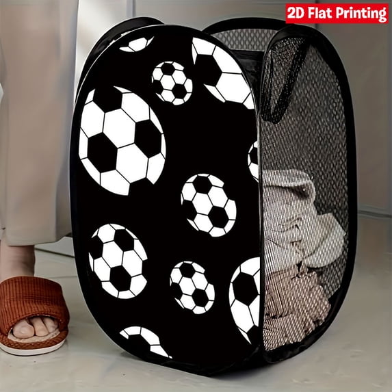 Pop Up Laundry Hamper Mesh Basket with Handles 47x30x30cm, Foldable Dirty Clothes Storage Bag for Bathroom Bedroom, Basketball Print Laundry Basket for Dorm and Home