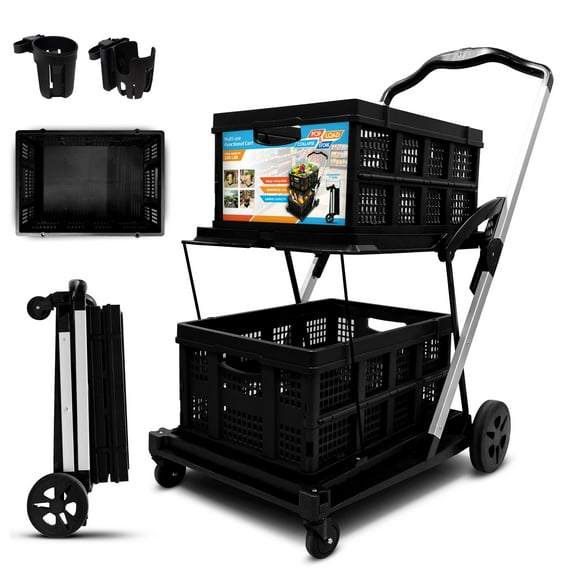 Pop & Load Collapse & Store 2-Tier Collapsible Utility Cart, Folding Rolling Trolley with Crates, Cup & Phone Holder, 200LB Capacity, Portable Shopping Cart for Laundry, Office, Garden, Travel