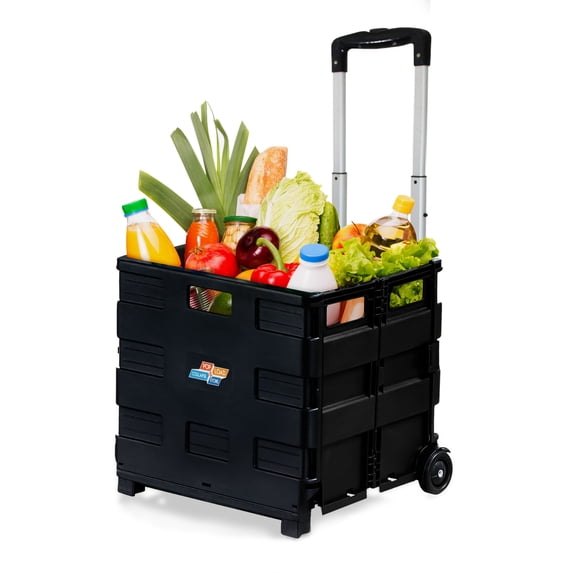 Pop & Load Collapsible Rolling Utility Cart, Plastic Pack-N-Roll Cart with Handle, Portable Storage, Black