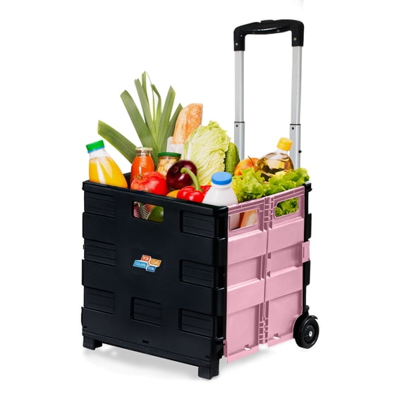 Pop & Load Collapsible Rolling Utility Cart, Plastic Pack-N-Roll Cart with Handle, Portable Storage, Black & Pink
