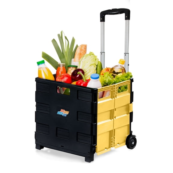 Pop & Load Collapsible Rolling Utility Cart with Handle, Heavy Duty Plastic pack-n-roll Folding Storage Cart, Portable Utility Organizer, Black & Yellow