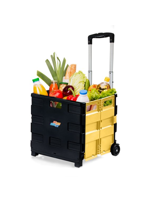 Pop & Load Collapsible Rolling Utility Cart with Handle, Heavy Duty Plastic pack-n-roll Folding Storage Cart, Portable Utility Organizer, Black & Yellow