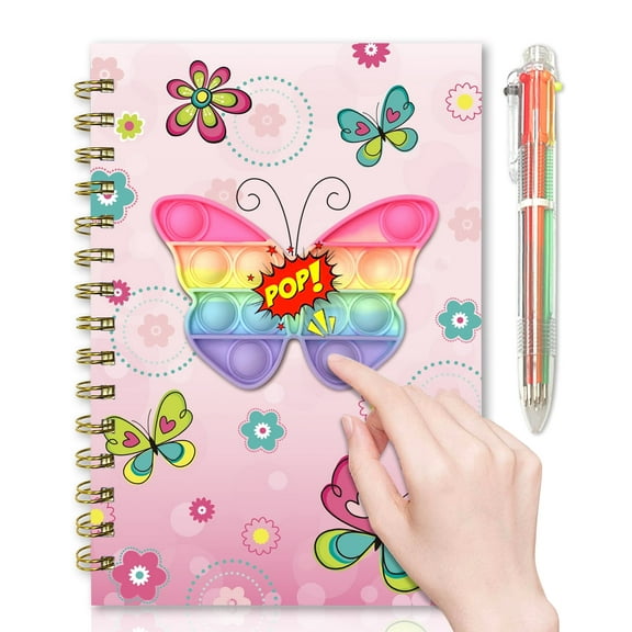 Pop Notebook with Pen, 21x14.5cm 160 Lined Pages Butterfly Spiral Journal with 6 Multicolor Pen Fidget Writing Notebook Birthday Gifts for Students