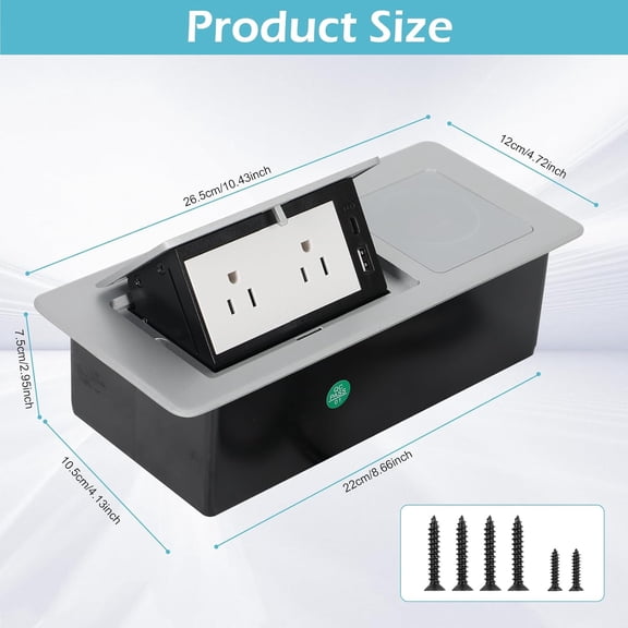 Pop Up Outlet with 15W Wireless Charger, Power Strip with 2 AC Outlets, USB A and USB C Charging Ports Recessed Multimedia Strip Socket Hidden Table Connection Box with Outlet (Sliver-F-Wireless)