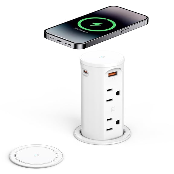 VILONG Pop up Outlet with 15W Wireless Charging & 20W USB-C, 4 AC Outlets & 4 USB Ports, 2.5" Recessed Power Strip, Tamper Resistant, for Kitchen Countertop Office Desk, ETL Listed (White)