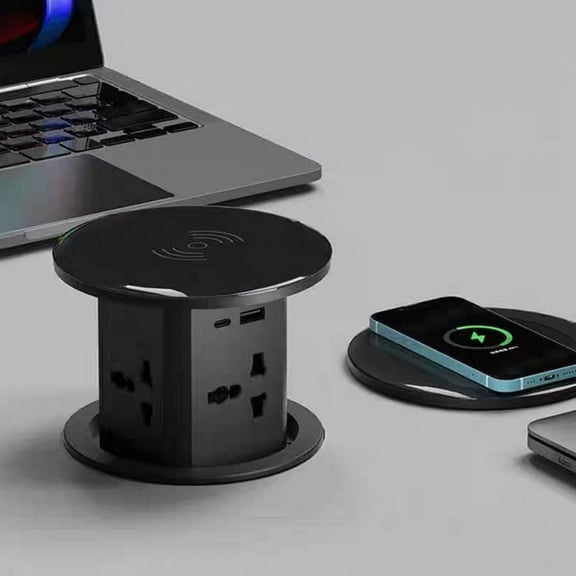 Pop Up Outlet, Automatic Hidden Power Strip with 15W Wireless Charger, 4 AC Outlets Plug with 2.1A USB and PD 20W Type-C Rapid Charge Stations for Countertop Kitchen Conference Workbench