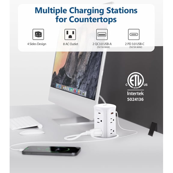 Pop Up Outlet for Countertop,Recessed Power Strip,Power Grommet 3.15 inch Desk Hole Insert,20W USB C,Outlets,2 USB C/2 USB A, Table Outlet,Desk Charging Station,ETL Listed (White, 8AC-6FT)
