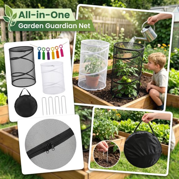 Pop Up Plant Protection Net Cover, Foldable Mesh Garden Barrier Cage, Bird Insect Proof Guard for Vegetables Flowers Seedlings, with Storage Bag Stakes Labels,Backyard Orchard Gardening Supplies,A