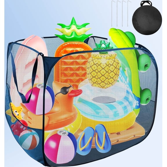 Pop up Pool Toy Storage Bin, Pool Float Organizer Bag with Side Pockets Mesh Swimming Pool Toys Organizer with Ground Nails for Inflatable Toys, Float, Beach Ball and Pool Accessories