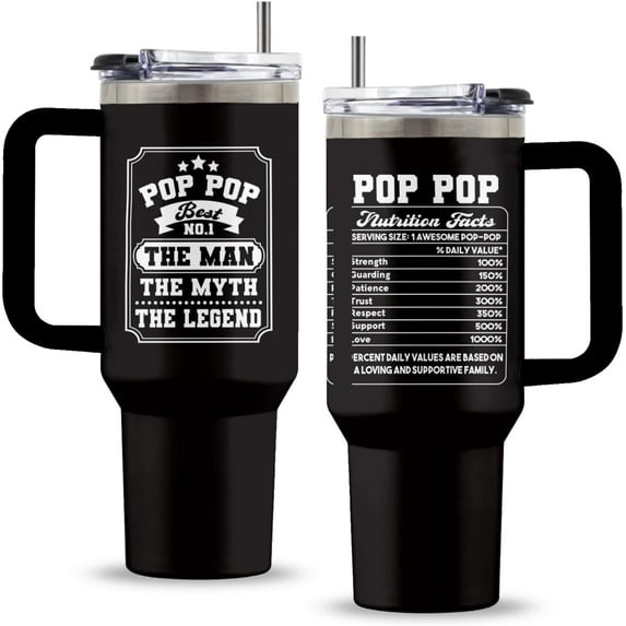 Pop Pop Tumbler 40oz - Laser Engraved Grandpa Gift - Stainless Steel Insulated Cup with Handle & Straw - Birthday Present
