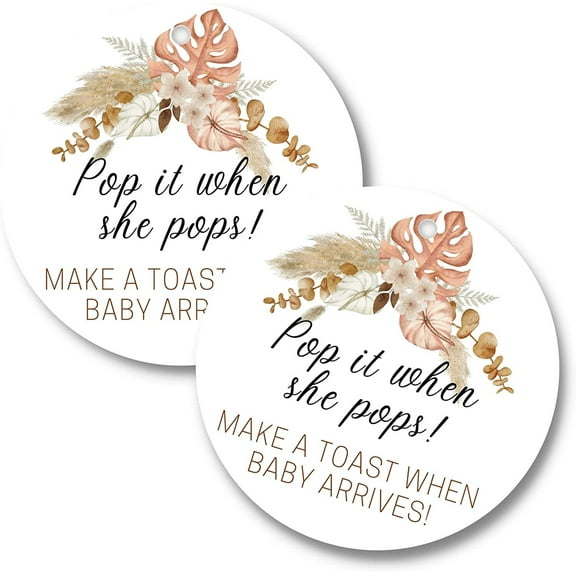 Pop It When She Pops Champagne Tag 30 Pack 2.5" inch Circle Tag with Pre-Cut Hole Baby Shower Party Favor Tag Boho Flower Design for Baby Shower Party Favor