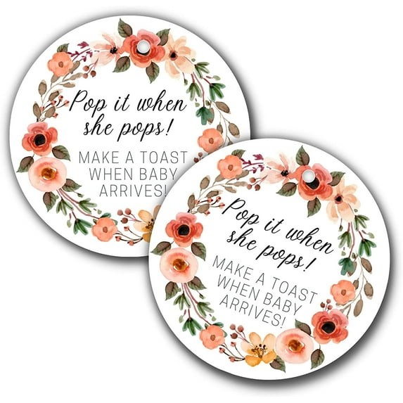 Pop It When She Pops Champagne Tag 30 Pack 2.5" inch Circle Tag with Pre-Cut Hole Baby Shower Party Favor Tag Boho Flowers and Greenery Wreath Design for Baby Shower Party Favor