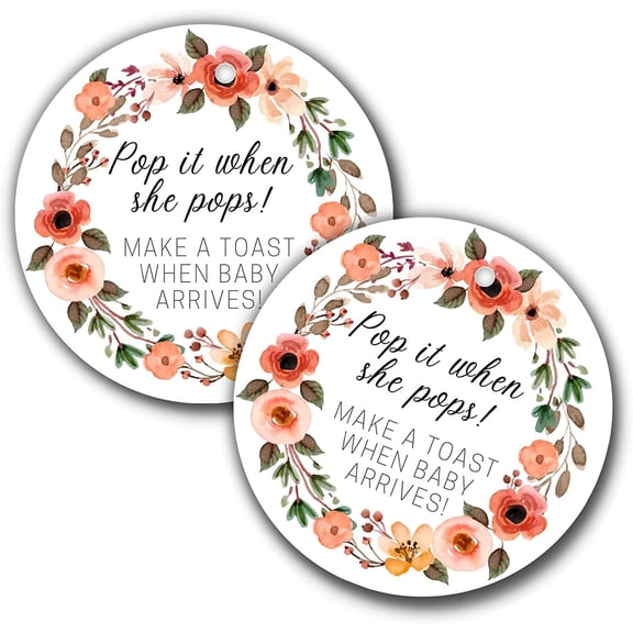 Pop It When She Pops Champagne Tag 30 Pack 2.5" inch Circle Tag with Pre-Cut Hole Baby Shower Party Favor Tag Boho Flowers and Greenery Wreath Design for Baby Shower Party Favor
