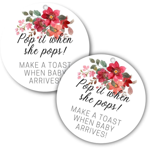 Pop It When She Pops Champagne Tag 30 Pack 2.5" inch Circle Tag with Pre-Cut Hole Baby Shower Party Favor Tag Burgundy Rose Design for Baby Shower Party Favor