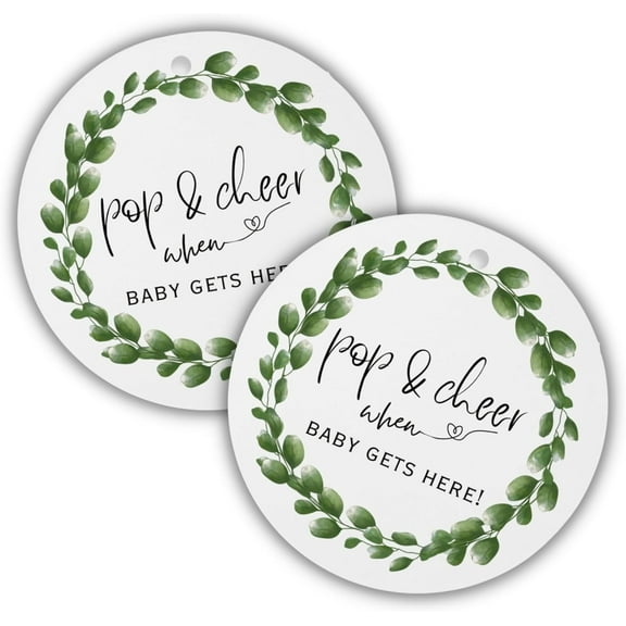 Pop It When She Pops Hang Tags Greenery Eucalyptus Floral 30 Pk 2.5 Circle Mini Champagne Leaves Labels for Baby Shower Favor Sticker Simple Gender Reveal Party