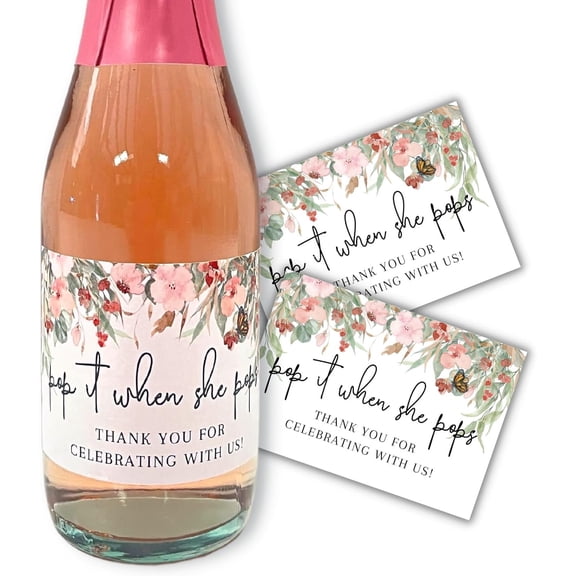 Pop It When She Pops Pink Floral Mini Champagne Bottle Label  12 pk 2 x 3 Sticker Tags When She Arrives for Wine Bottles Baby Shower Design Sign Gender Reveal