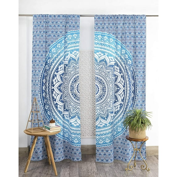 Pop Popular Handicrafts Indian Hippie Bohemian Beautiful Ombre Color Mandala Curtain Panels Blue