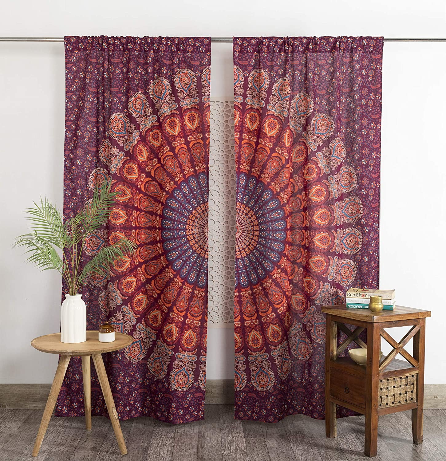 Handmade Indian Cotton Sheer Curtains - Leaf Print, Rose Gold, 22x78 Inches (Set Of 2)