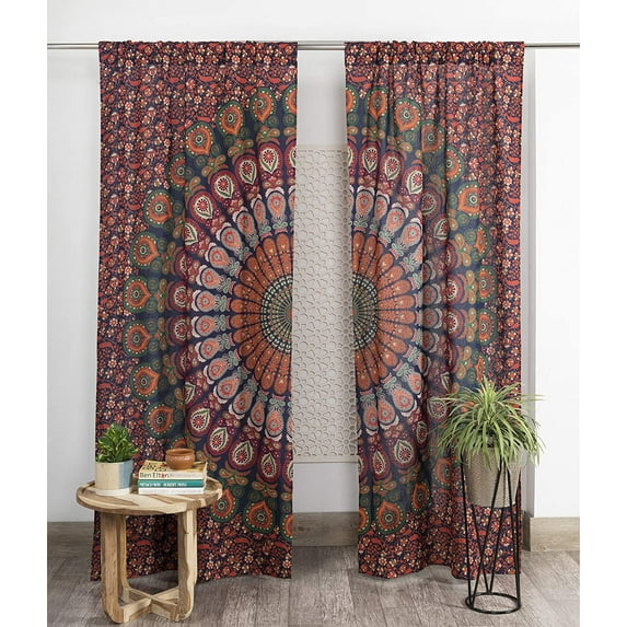 Pop Popular Handicrafts Indian Hippie Bohemian Beautiful Peacock Mandala Curtain Panels Neavy Blue