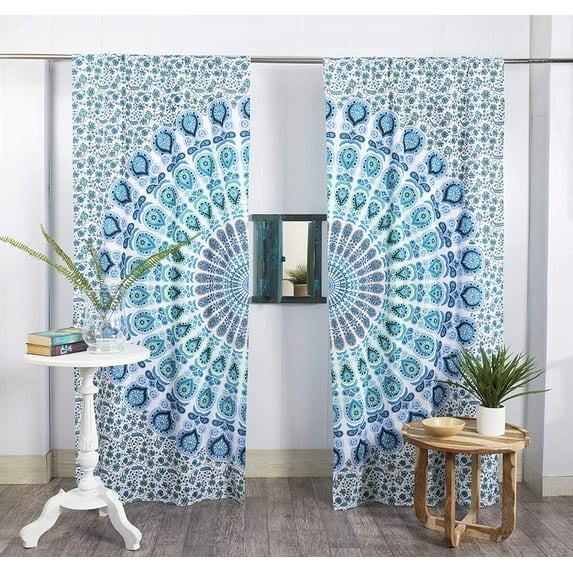 Pop Popular Handicrafts Indian Hippie Bohemian Beautiful Peacock Mandala Curtain Panels White Blue
