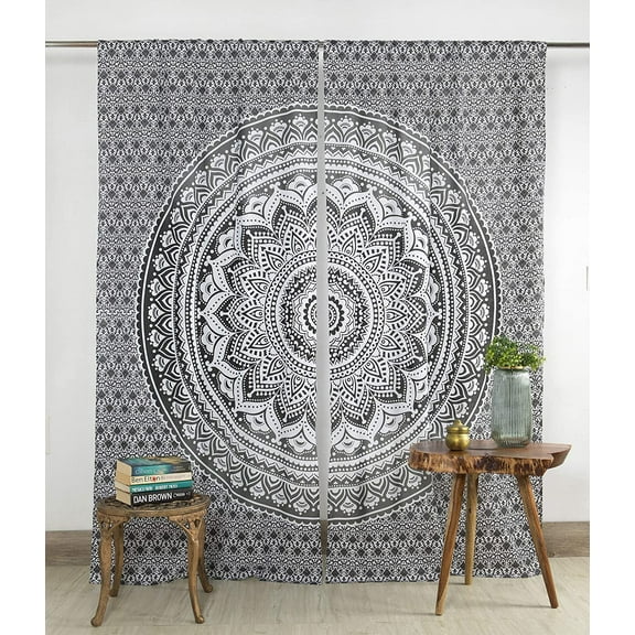 Pop Popular Handicrafts Mandala Curtain Panels Indian Hippie Bohemian Ombre Valance Sheer Black and White