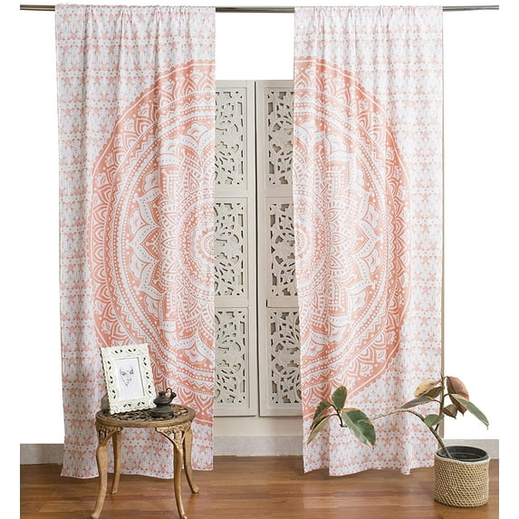 Pop Popular Handicrafts Mandala Curtains Panels Hippie Bohemian Ombre Sheer Valance Coral Peach