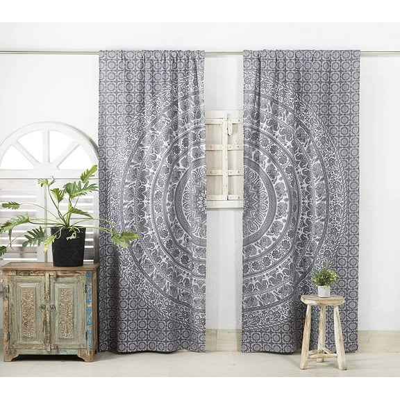 Pop Popular Handicrafts Mandala Panels Set of 2 Indian Hippie Bohemian Beautiful Elephant Curtain Grey Silver