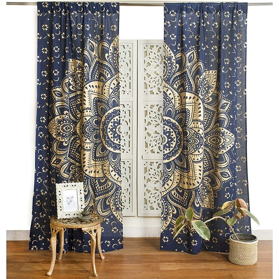 Pop Popular Handicrafts Printed Curtains Panels Set of 2 Indian Hippie Bohemian Beautiful Ombre Color Mandala Curtain Panels Blue Gold
