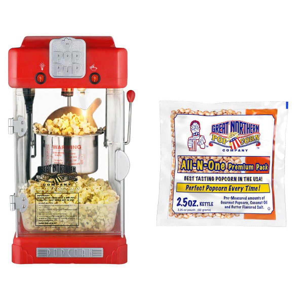 Pop Pup Popcorn Machine - 2.5-Ounce Kettle with 12-Pack Pre-Measured Popcorn Kernel Packets by Great Northern Popcorn (Red)