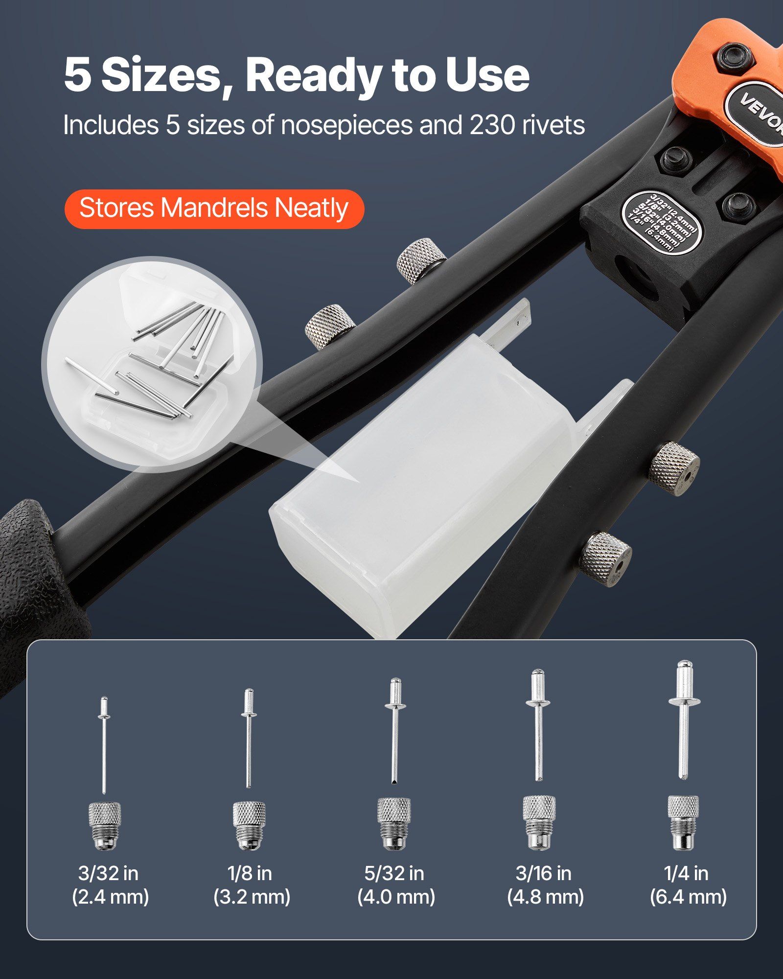 Pop Rivets Bit Pop Rivet Gun Kit,with 230 Blind Rivets,Two-Handed Riveter with 5 ...