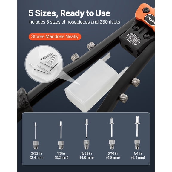 Pop Rivet Gun Kit,with 230 Blind Rivets,Two-Handed Riveter with 5 Interchangeable Nosepieces,5 Drill Bits,and a Carrying Case,Manual Riveting Tool for Metal,Automotive,Home,and DIY
