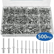 Pop Rivets Assortment Kit 14 SAE Sizes Aluminum Rivets (3/32" 1/8" 5/32" 3/16" 1/4") Assorted Blind Rivets with Reinfored Divider & Labeled Case 500 pcs