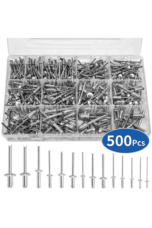 Pop Rivets Assortment Kit 14 SAE Sizes Aluminum Rivets (3/32" 1/8" 5/32" 3/16" 1/4") Assorted Blind Rivets with Reinfored Divider & Labeled Case 500 pcs