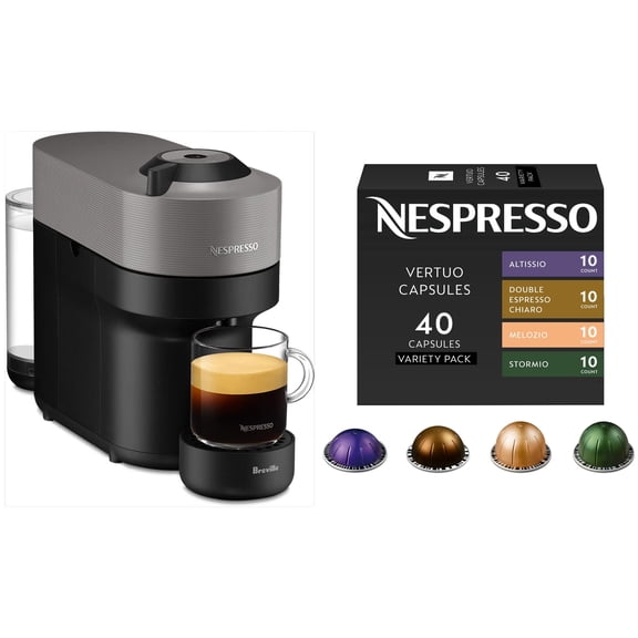 Nespresso Vertuo Pop Coffee and Espresso Maker, Dark Grey, with Nespresso Vertuo Coffee Discovery Variety Pack 40 Count Bundle