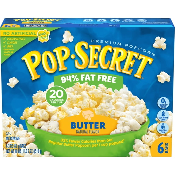 Pop Secret Microwave Popcorn, 94% Fat Free Butter Flavor, 3 oz Sharing Bags, 6 Ct