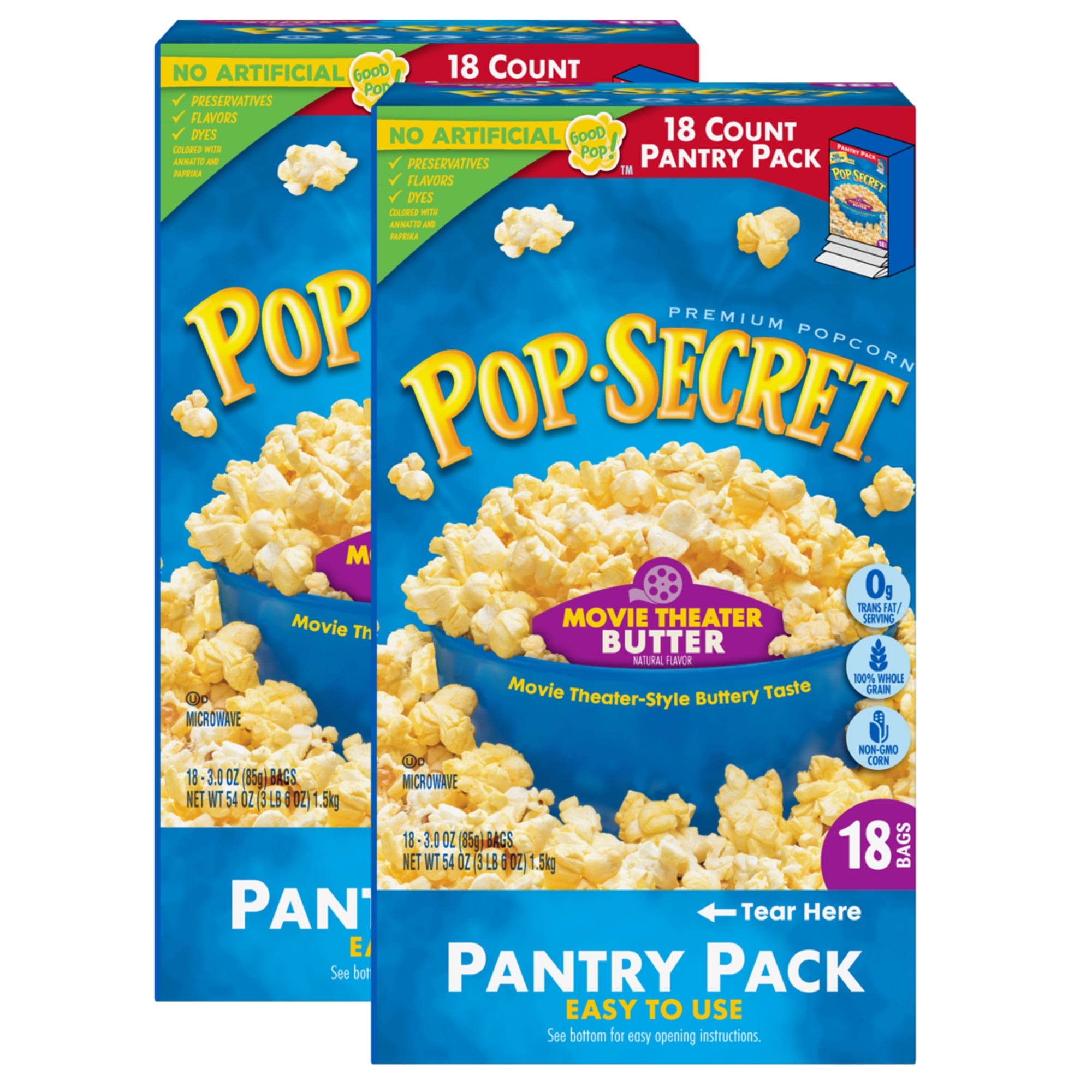 Pop Secret Microwave Popcorn, Movie Theater Butter Flavor, 2 Boxes, 18 Bags Each, 3 oz Sharing Bags