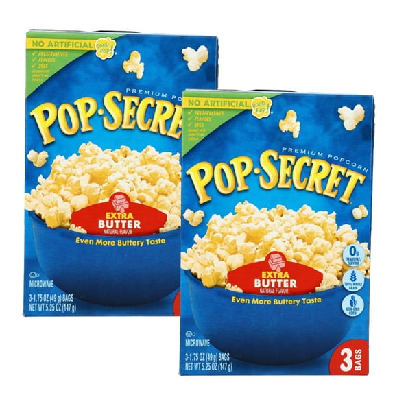 Pop Secret Popcorn, Extra Butter Flavor, 100% Whole Grain Snacks Non-GMO No Artificial Preservatives for Kids Adulst Snacking Movie Nights Game Play Time Pool Garden Outdoor Parties 5.25oz-2 Boxes