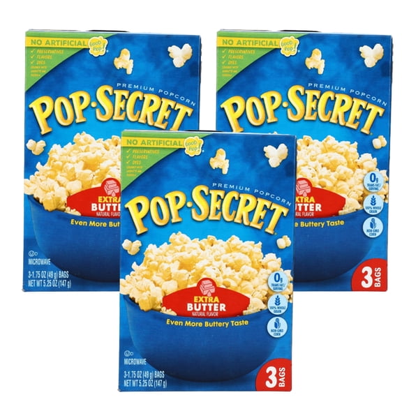 Pop Secret Popcorn, Extra Butter Flavor, 100% Whole Grain Snacks Non-GMO No Artificial Preservatives for Kids Adulst Snacking Movie Nights Game Play Time Pool Garden Outdoor Parties 5.25oz-3 Boxes