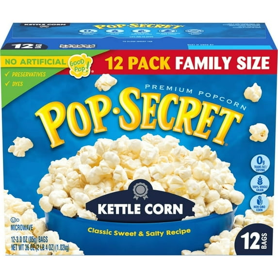 Pack of 2 Pop Secret Popcorn, Kettle Corn Microwave Popcorn, 3 oz Sharing Bags, 12 Ct