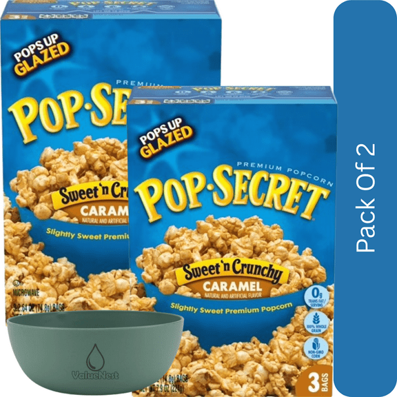Pop Secret Popcorn, Sweet 'n Crunchy Caramel Microwave Popcorn, 2.64 oz Bags, 3 Ct-2pk, With Olive Green Bowl By ValueNest