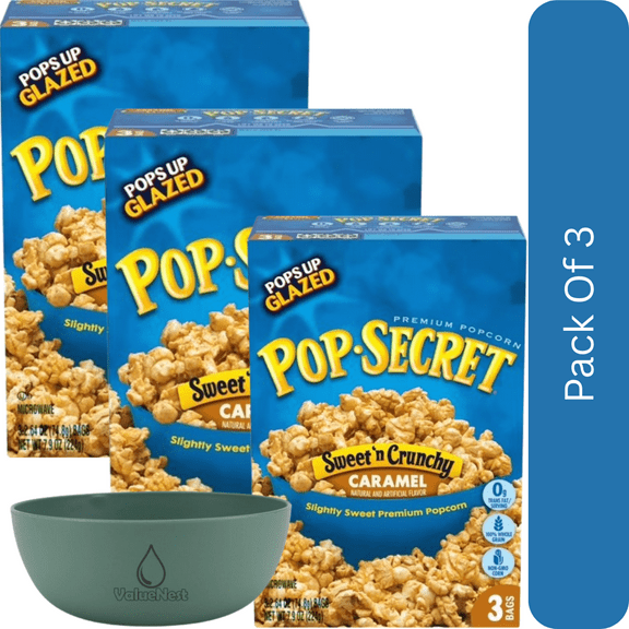 Pop Secret Popcorn, Sweet 'n Crunchy Caramel Microwave Popcorn, 2.64 oz Bags, 3 Ct-3pk, With Olive Green Bowl By ValueNest