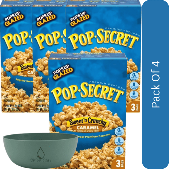 Pop Secret Popcorn, Sweet 'n Crunchy Caramel Microwave Popcorn, 2.64 oz Bags, 3 Ct-4pk, With Olive Green Bowl By ValueNest