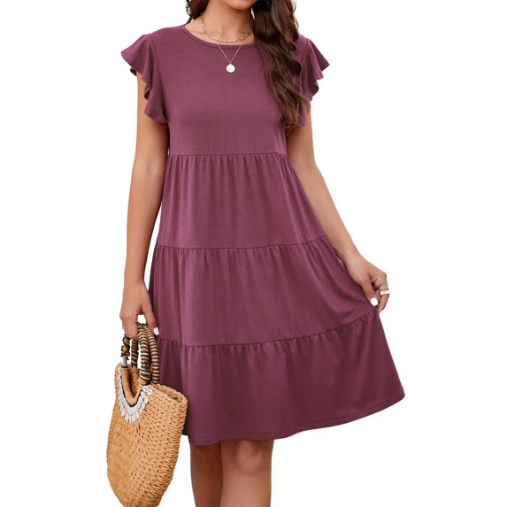 Pop Seller Summer Beach Dress For Women Casual Round Neck Tunic Ruffle Short Sleeve A-Line Tiered Babydoll Dress Flowy Mini Dress Purple L