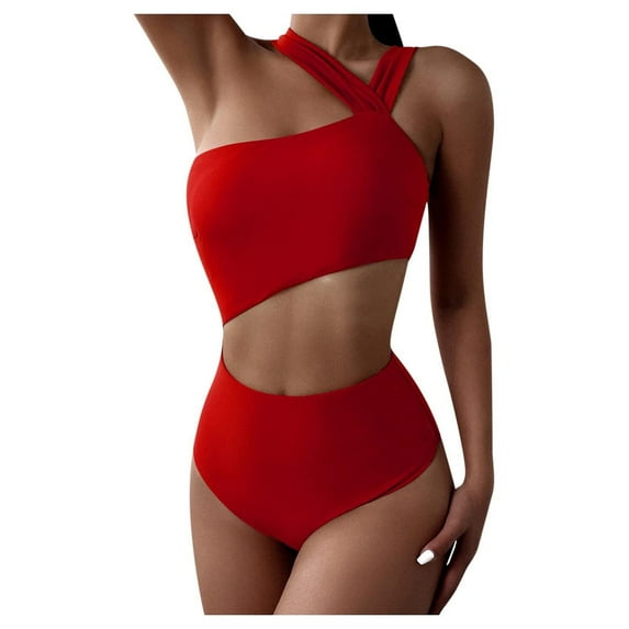 Pop Seller Summer Women's One-piece With Chest Pad Without Steel Ring Solid Color Hanging Neck Type Straps Bikini Swimsuit Red XL
