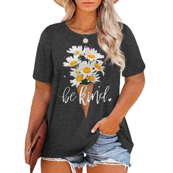 Pop Seller Women'S Cute Printed Short Sleeve Round Neck Front Shoulder Vintage Short Sleeve Summer Loose Shirt Top Gray 2XL